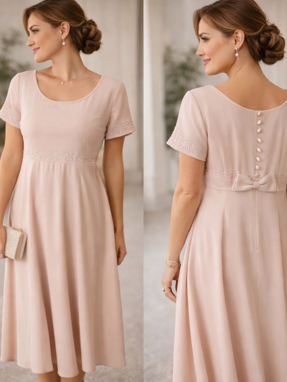 Donna Morgan Vintage Formal Midi Dress Embroidered Pearl Accents Pink Size 6